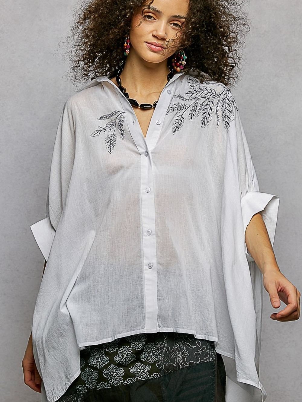 POL White Button-Down Top with Black Leaf Embroidery